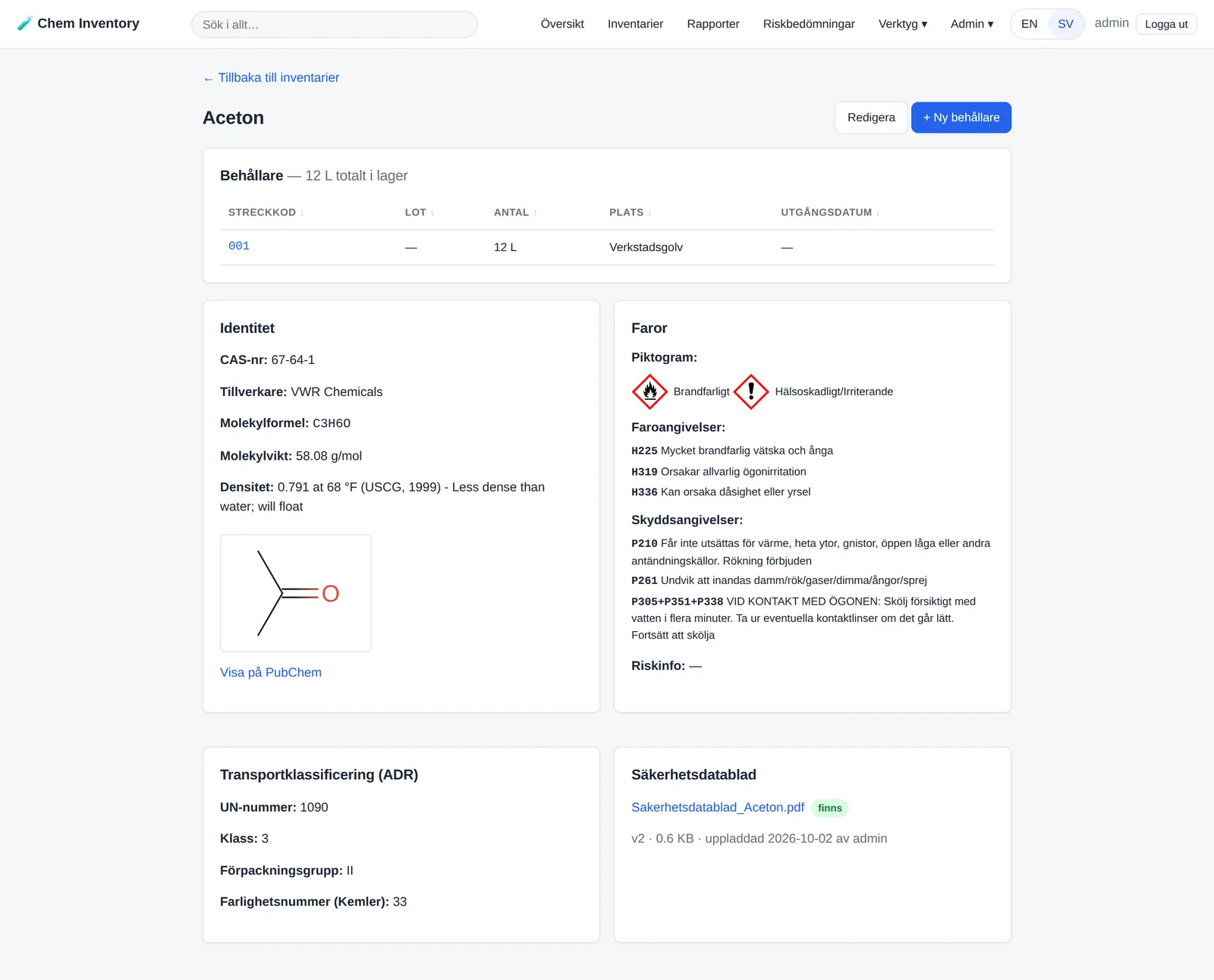 Detaljvy för kemikalien Aceton med CAS-nummer, faropiktogram, faro- och skyddsangivelser samt transportklassificering